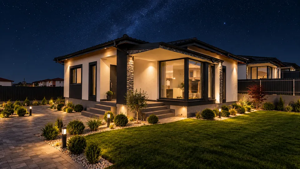 Casă parter Tip A în Vișan, Iași — iluminatul exterior, seara